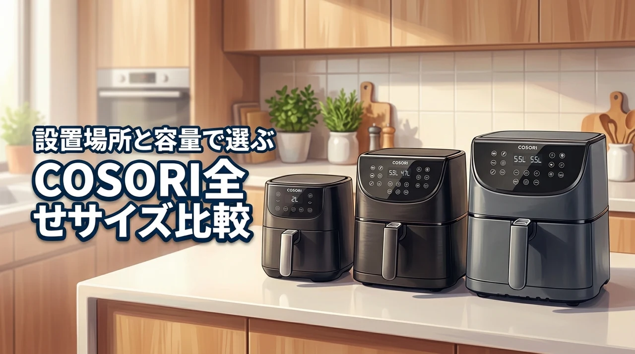 【失敗しない】cosoriのノンフライヤーをサイズ比較！設置スペースや調理量で選ぶコツ